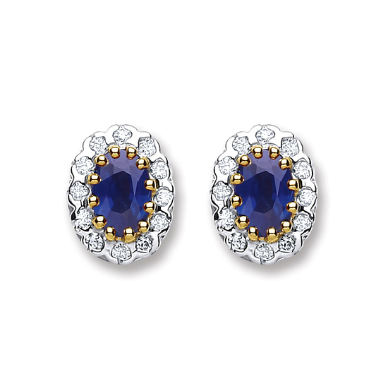 9ct Yellow Gold Diamond & Blue Sapphire Oval Stud Earrings
