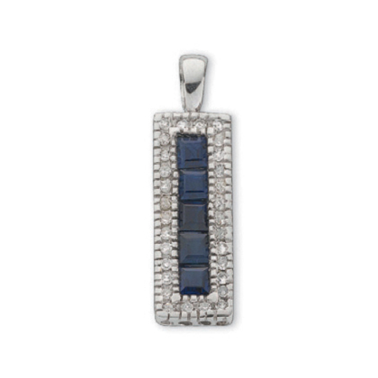 9ct White Gold 0.16ct Diamond & 0.70ct Blue Sapphire Rectangle Drop Pendant