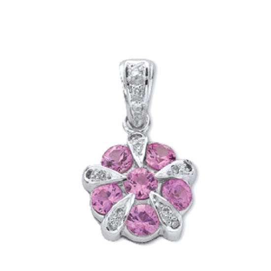 9ct White Gold 0.05ct Diamond & 0.91ct Pink Sapphire Cluster / Flower Pendant