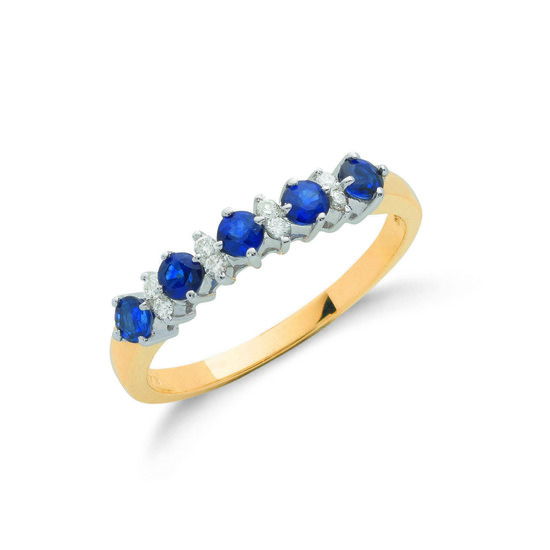 9ct Gold Ring with 0.12ct TW Diamonds and five Sapphires 0.65ct TW, Size L
