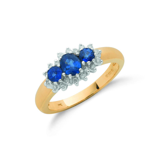 9ct Gold Ring with 0.18ct Diamonds and three Sapphires 0.90ct TW, Size L