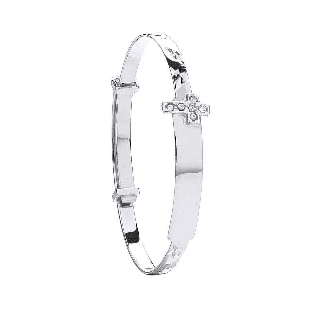 9ct White Gold D/C Expandable Baby Bangle CZ Cross 3.0g