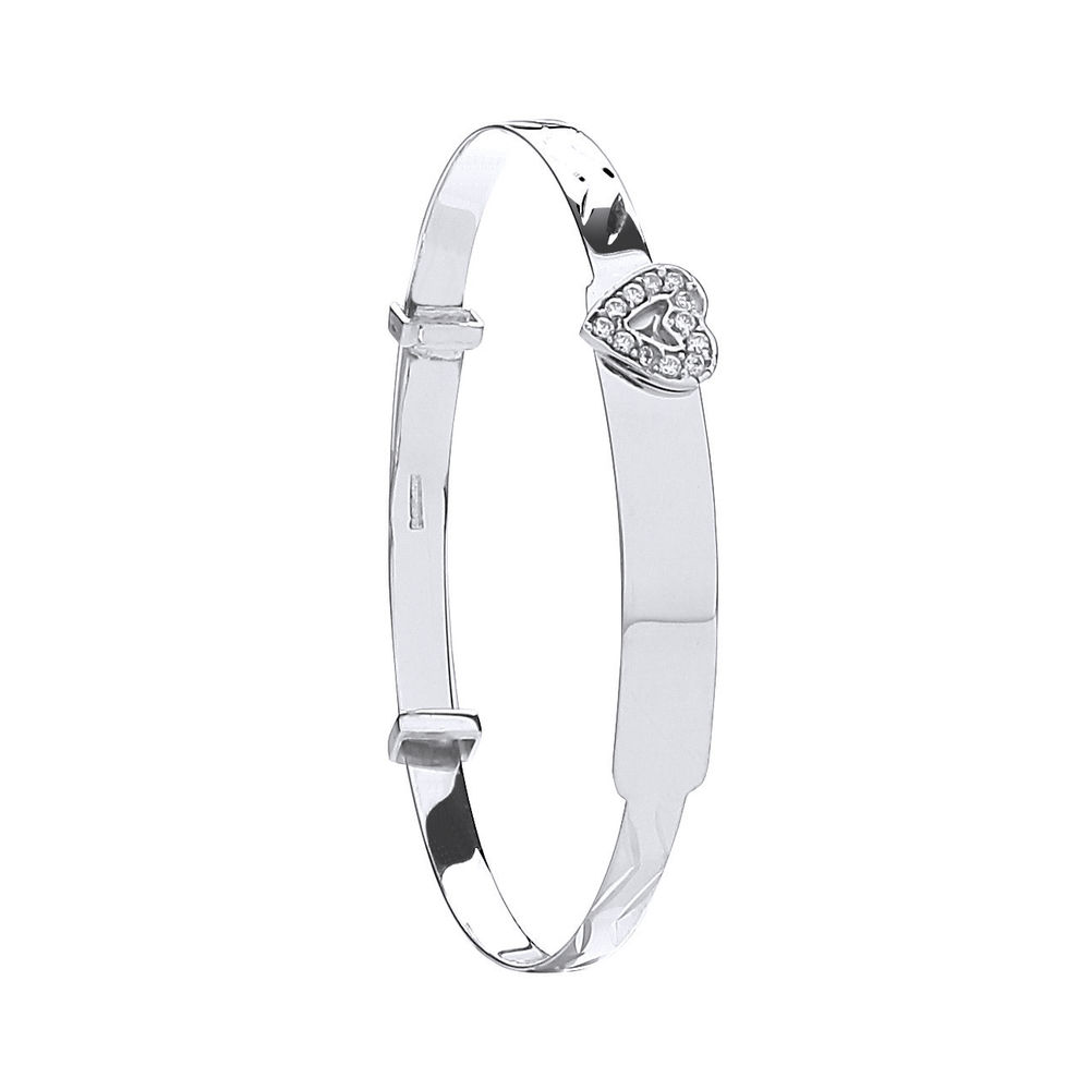 9ct White Gold D/C Expandable Baby Bangle CZ Heart 3.0g