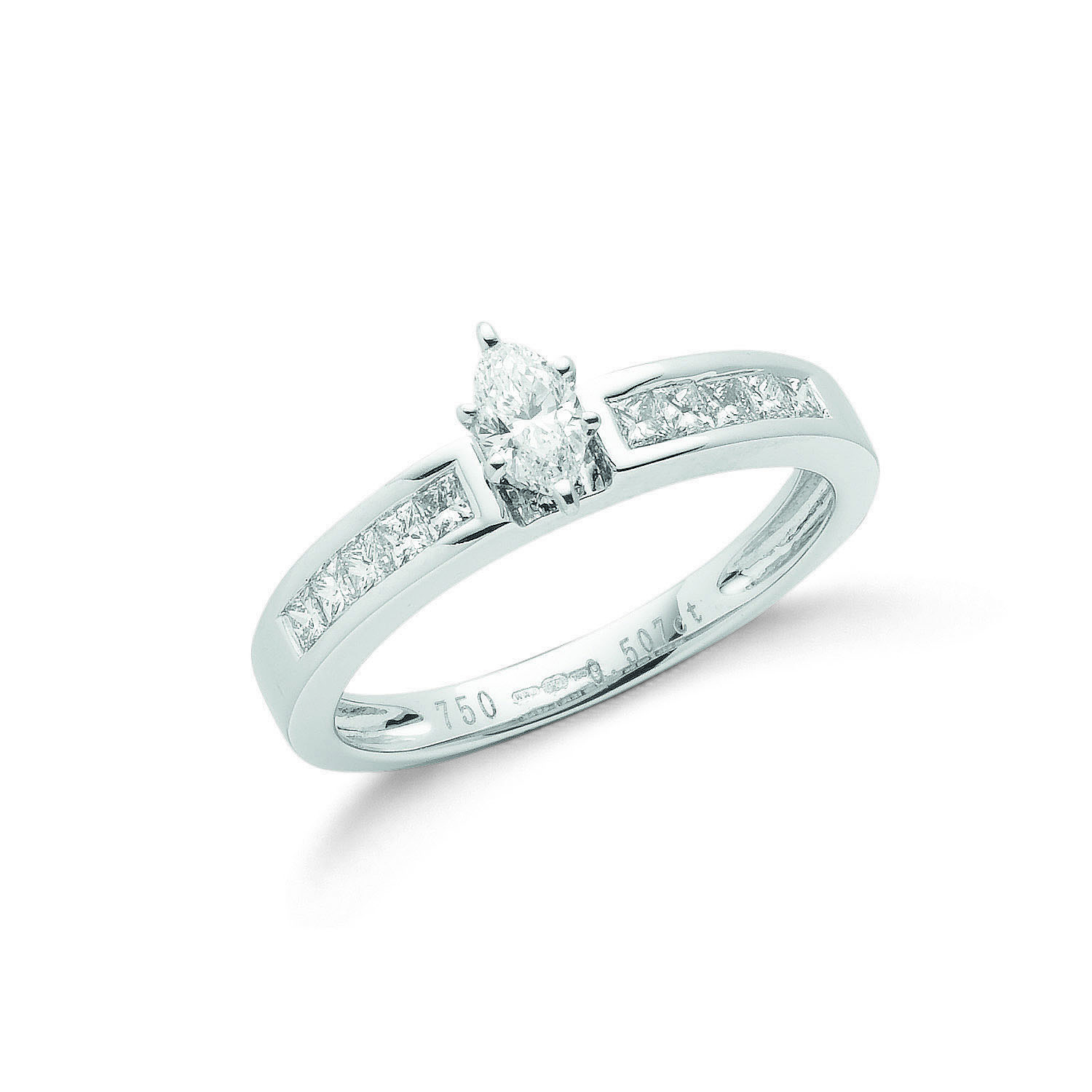 0.50ct TW Diamonds 18ct White Gold Ring with Marquise Cut Centre Stone and Princess Cut Sides, G/H-SI