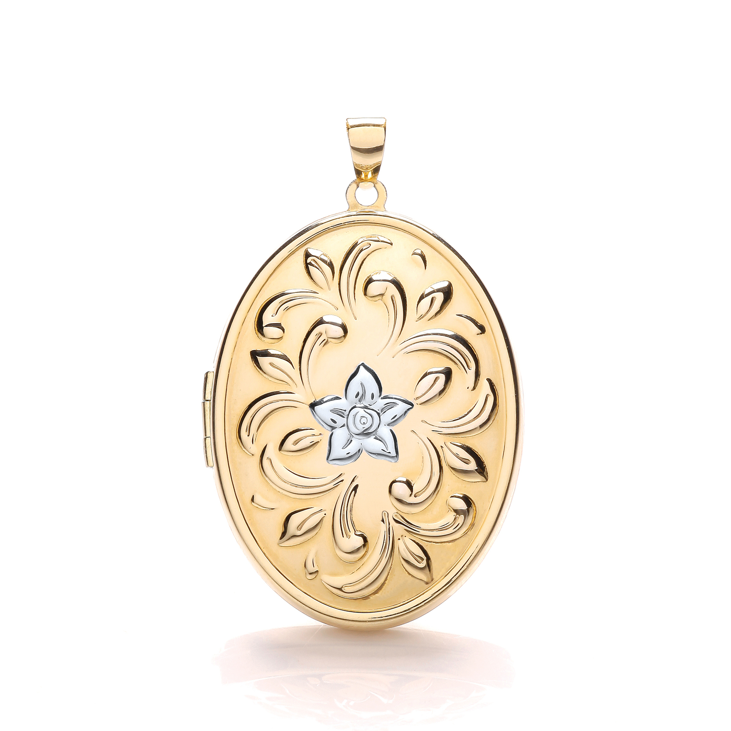 9ct 2 Colour White and Yellow Gold Oval Flower Design Locket Pendant