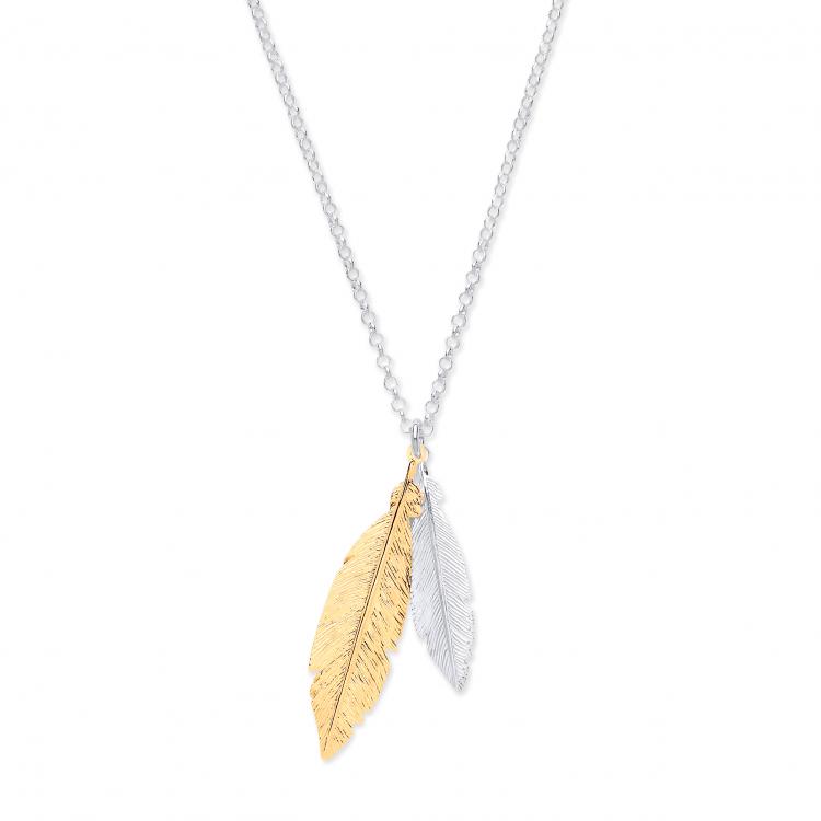 Sterling Silver & Gold Coated Feathers Necklace 16" + 2" extension 4.3g